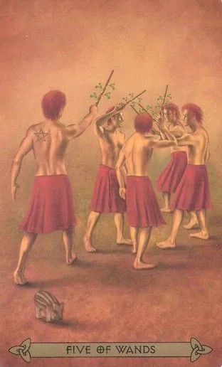 Five of Wands card from the Celtic Tarot deck by Kristoffer Hughes, illustrated by Chris Down
