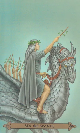 Six of Wands card from the Celtic Tarot deck by Kristoffer Hughes, illustrated by Chris Down