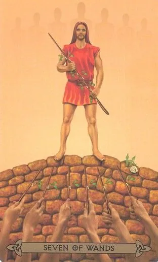 Seven of Wands card from the Celtic Tarot deck by Kristoffer Hughes, illustrated by Chris Down