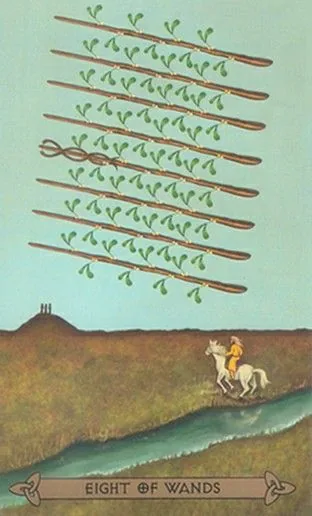Eight of Wands card from the Celtic Tarot deck by Kristoffer Hughes, illustrated by Chris Down