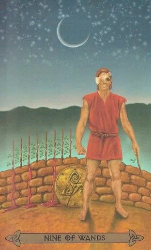 Nine of Wands card from the Celtic Tarot deck by Kristoffer Hughes, illustrated by Chris Down