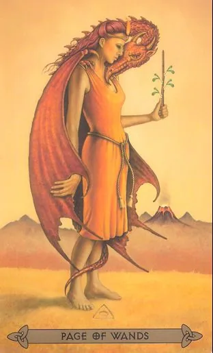 Page of Wands card from the Celtic Tarot deck by Kristoffer Hughes, illustrated by Chris Down