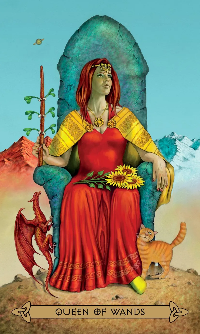 Queen of Wands card from the Celtic Tarot deck by Kristoffer Hughes, illustrated by Chris Down