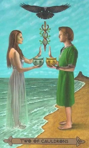 Two of Cauldrons card from the Celtic Tarot deck by Kristoffer Hughes, illustrated by Chris Down