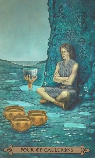 Four of Cauldrons card from the Celtic Tarot deck by Kristoffer Hughes, illustrated by Chris Down