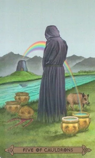 Five of Cauldrons card from the Celtic Tarot deck by Kristoffer Hughes, illustrated by Chris Down