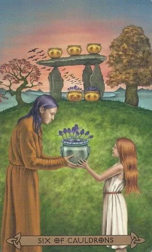 Six of Cauldrons card from the Celtic Tarot deck by Kristoffer Hughes, illustrated by Chris Down