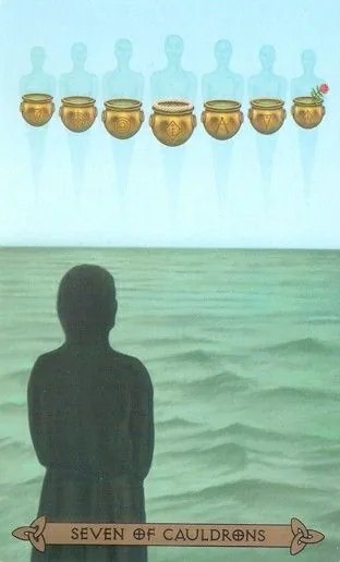 Seven of Cauldrons card from the Celtic Tarot deck by Kristoffer Hughes, illustrated by Chris Down