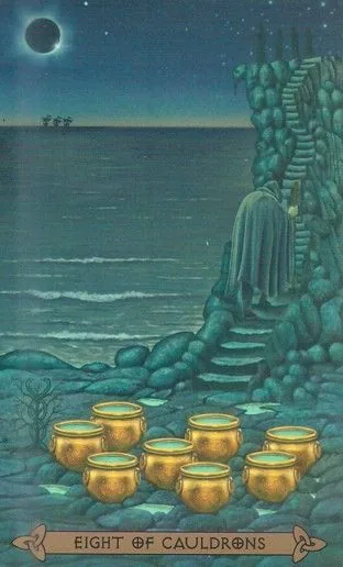 Eight of Cauldrons card from the Celtic Tarot deck by Kristoffer Hughes, illustrated by Chris Down