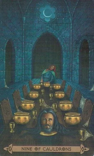 Nine of Cauldrons card from the Celtic Tarot deck by Kristoffer Hughes, illustrated by Chris Down