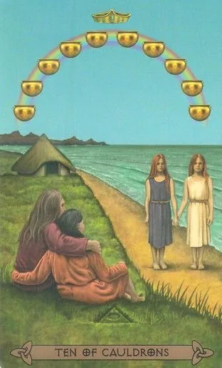 Ten of Cauldrons card from the Celtic Tarot deck by Kristoffer Hughes, illustrated by Chris Down
