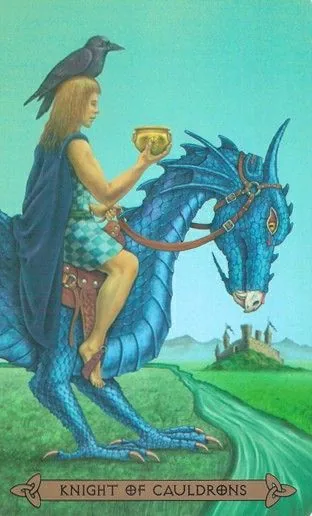 Knight of Cauldrons card from the Celtic Tarot deck by Kristoffer Hughes, illustrated by Chris Down