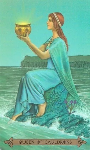 Queen of Cauldrons card from the Celtic Tarot deck by Kristoffer Hughes, illustrated by Chris Down