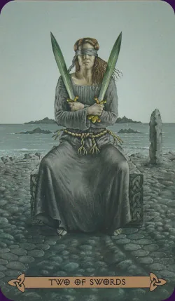 Two of Swords card from the Celtic Tarot deck by Kristoffer Hughes, illustrated by Chris Down