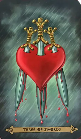 Three of Swords card from the Celtic Tarot deck by Kristoffer Hughes, illustrated by Chris Down