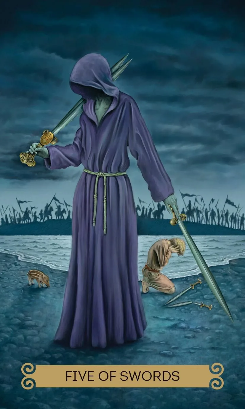 Five of Swords card from the Celtic Tarot deck by Kristoffer Hughes, illustrated by Chris Down