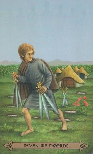 Seven of Swords card from the Celtic Tarot deck by Kristoffer Hughes, illustrated by Chris Down