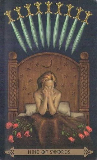 Nine of Swords card from the Celtic Tarot deck by Kristoffer Hughes, illustrated by Chris Down