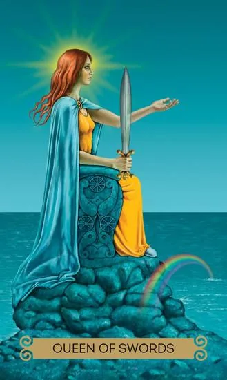 Queen of Swords card from the Celtic Tarot deck by Kristoffer Hughes, illustrated by Chris Down