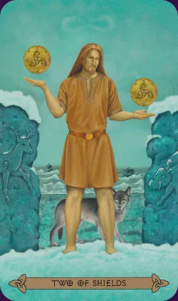 Two of Shields card from the Celtic Tarot deck by Kristoffer Hughes, illustrated by Chris Down