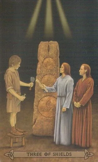 Three of Shields card from the Celtic Tarot deck by Kristoffer Hughes, illustrated by Chris Down