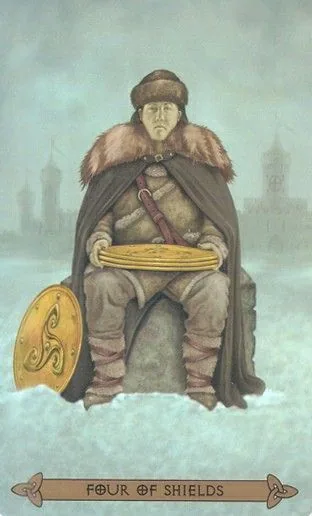 Four of Shields card from the Celtic Tarot deck by Kristoffer Hughes, illustrated by Chris Down