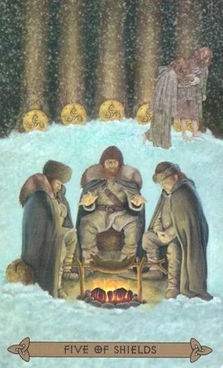 Five of Shields card from the Celtic Tarot deck by Kristoffer Hughes, illustrated by Chris Down