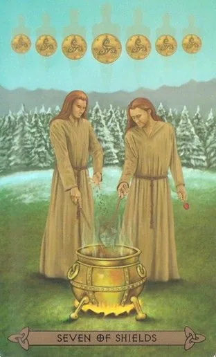Seven of Shields card from the Celtic Tarot deck by Kristoffer Hughes, illustrated by Chris Down