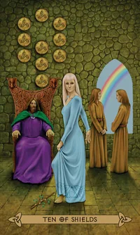 Ten of Shields card from the Celtic Tarot deck by Kristoffer Hughes, illustrated by Chris Down
