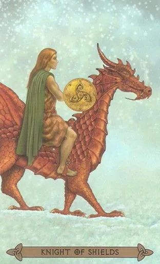 Knight of Shields card from the Celtic Tarot deck by Kristoffer Hughes, illustrated by Chris Down