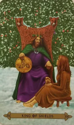 King of Shields card from the Celtic Tarot deck by Kristoffer Hughes, illustrated by Chris Down