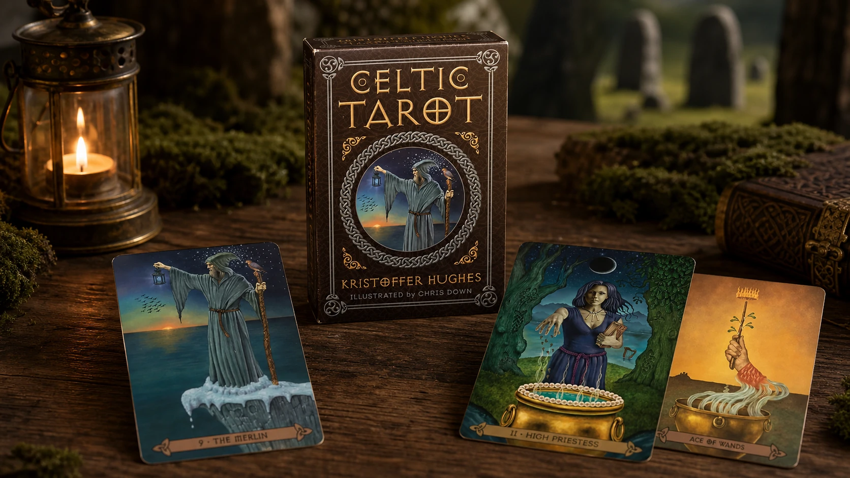 Celtic Tarot Kristoffer Hughes Review 12 Generated editorial scene featuring the Celtic Tarot box by Kristoffer Hughes with verified deck cards