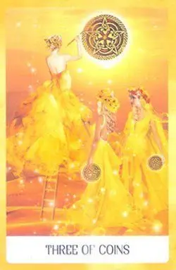 3 of Coins card from the Chakra Wisdom Tarot deck