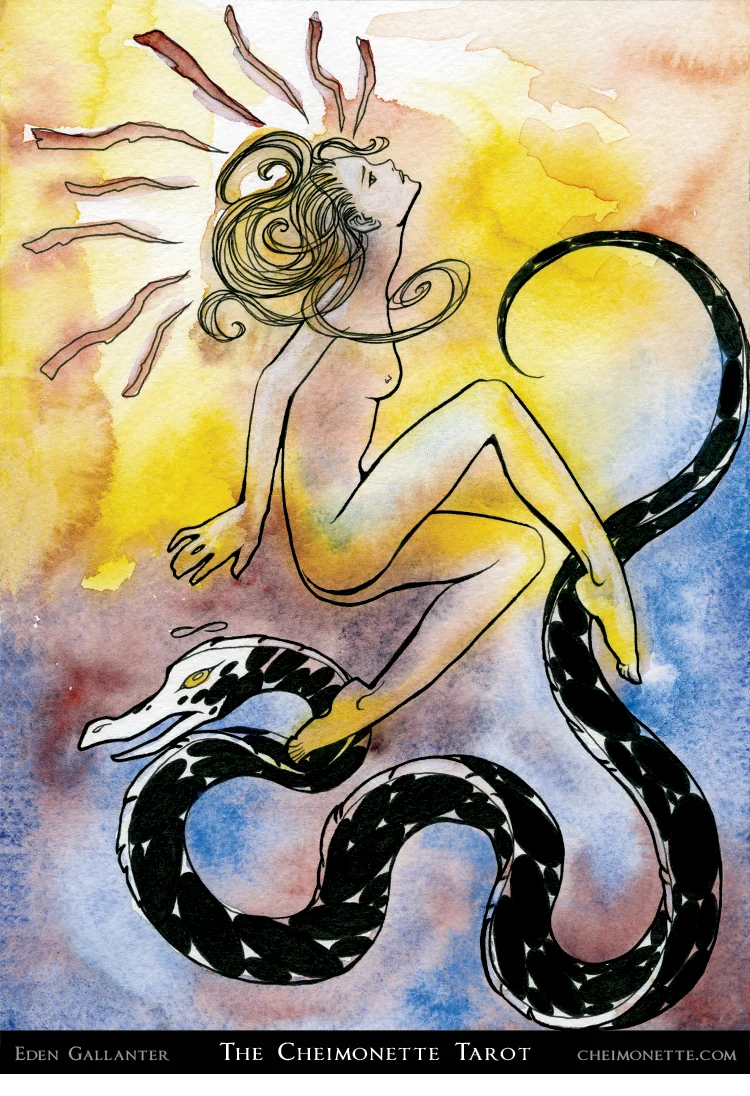 Nine of Staves card from the The Cheimonette Tarot deck