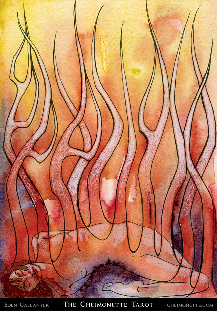 Ten of Staves card from the The Cheimonette Tarot deck