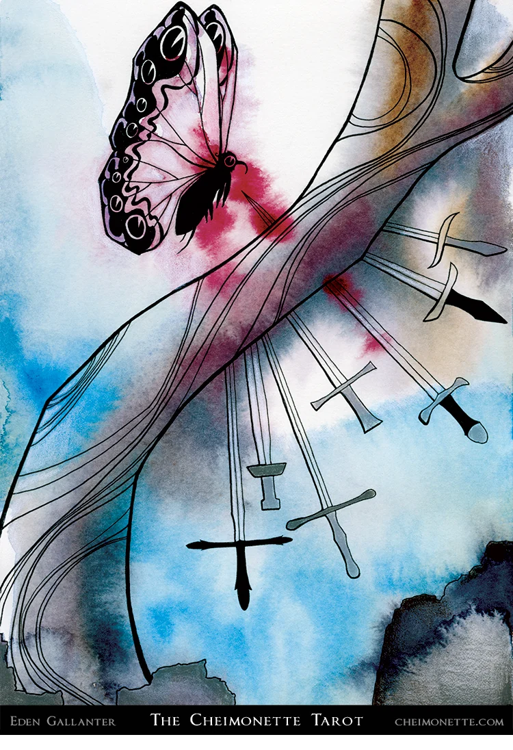 Seven of Swords card from the The Cheimonette Tarot deck