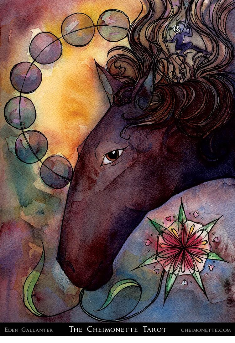 Seven of Disks card from the The Cheimonette Tarot deck