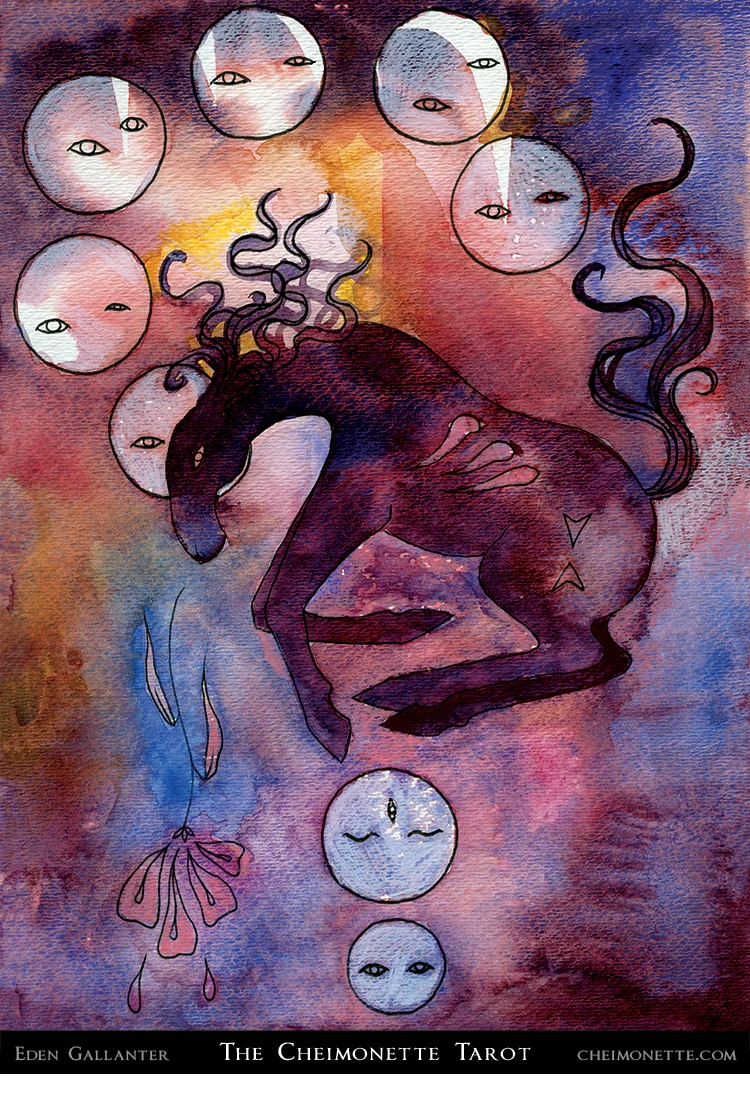 Eight of Disks card from the The Cheimonette Tarot deck