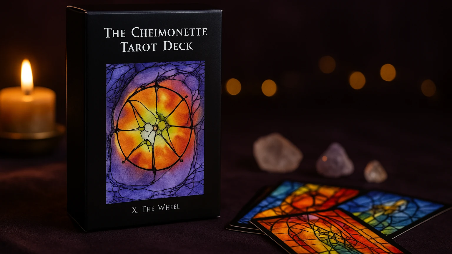 The Cheimonette Tarot deck box in a candlelit TarotFans final product scene The Cheimonette Tarot deck box in a candlelit TarotFans final product scene