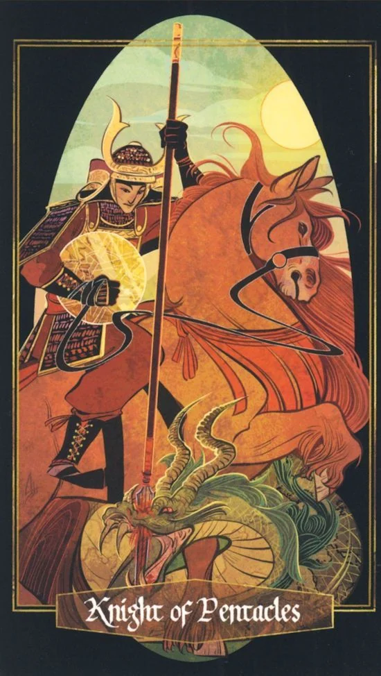 Knight of Pentacles card from Children of Litha Tarot Deck