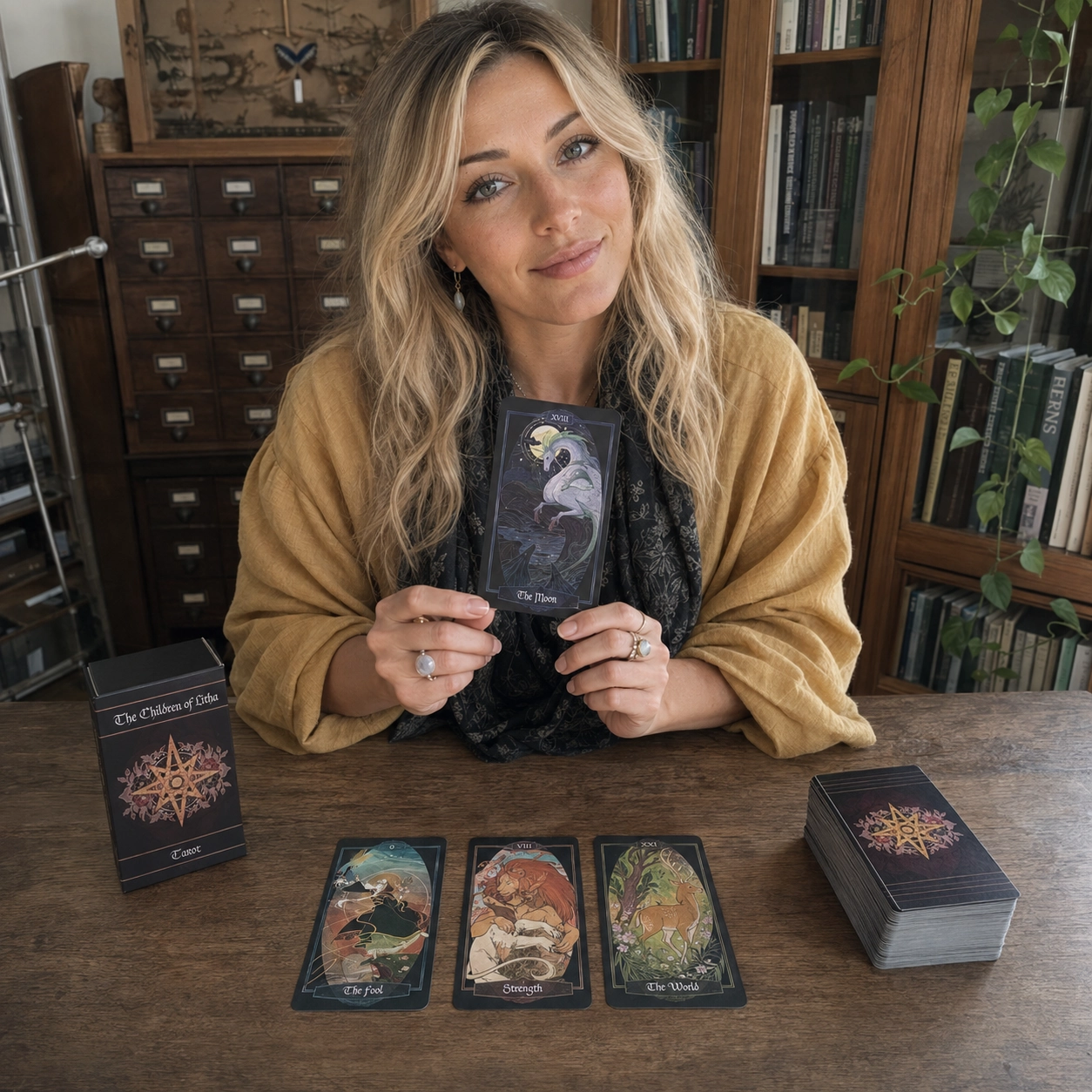 Aurica presenting The Moon from Children of Litha Tarot beside a three-card spread, the Black Edition box, and stacked deck