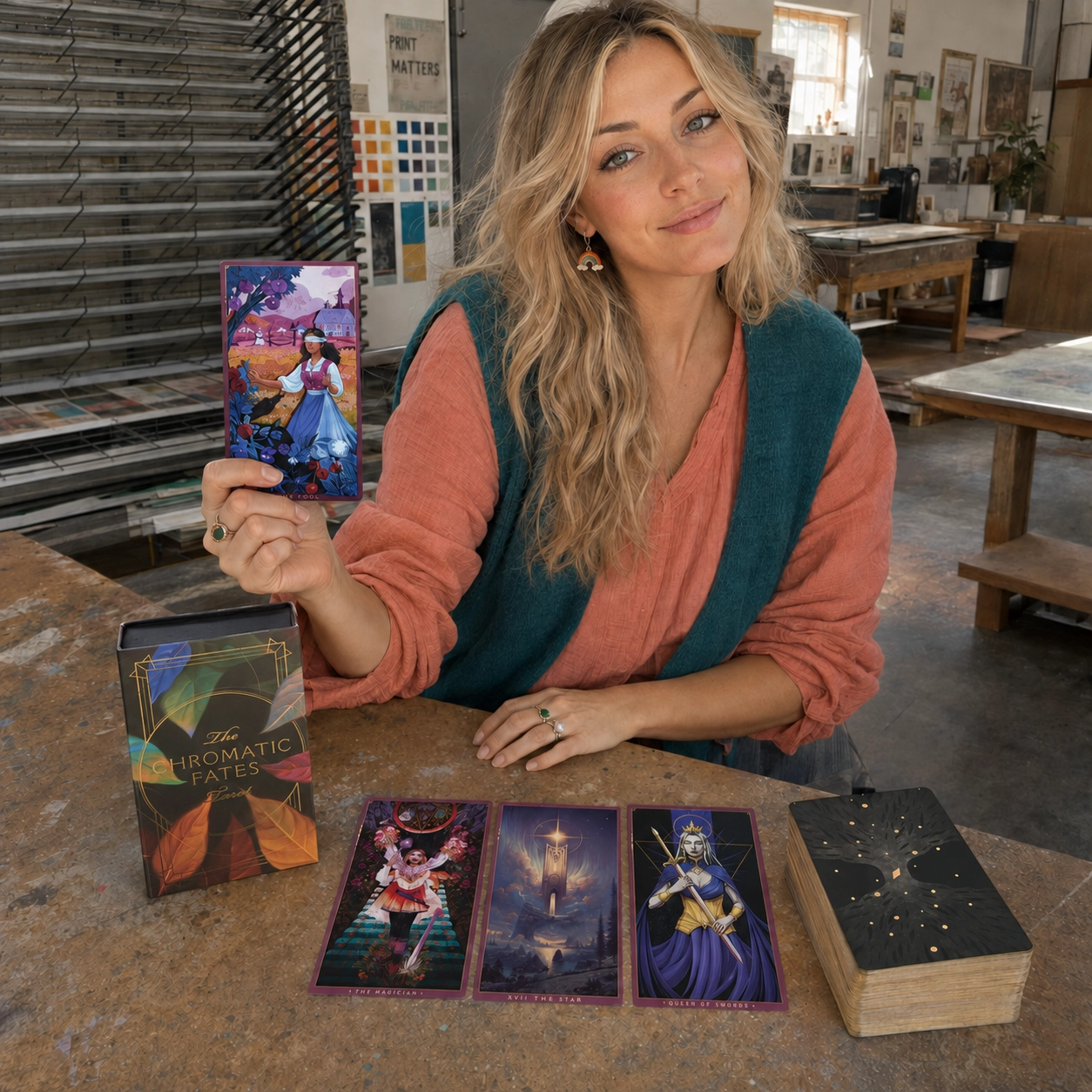 Chromatic Fates Tarot with Aurica from Tarotfans.com Aurica presenting The Fool beside a Chromatic Fates Tarot spread