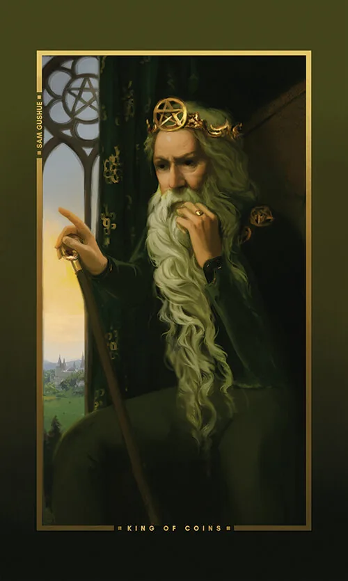 King of Coins card from the Chromatic Fates Tarot deck