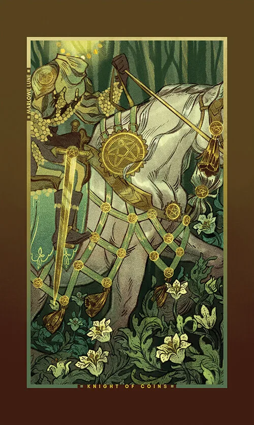 Knight of Coins card from the Chromatic Fates Tarot deck