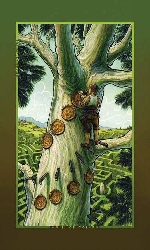 Eight of Coins card from the Chromatic Fates Tarot deck