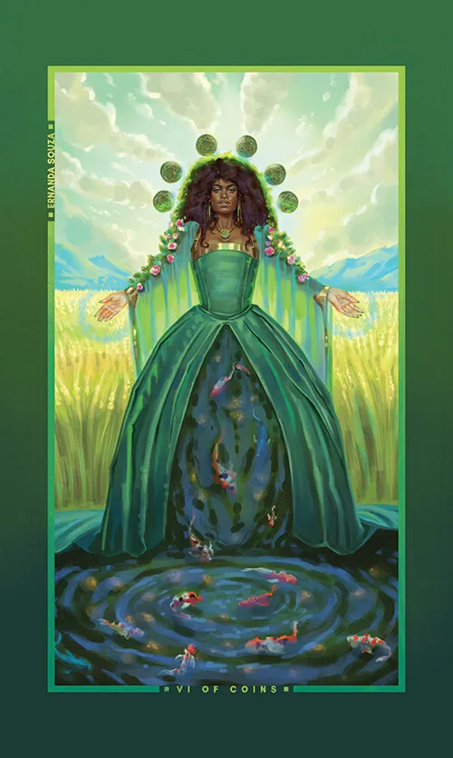 Six of Coins card from the Chromatic Fates Tarot deck