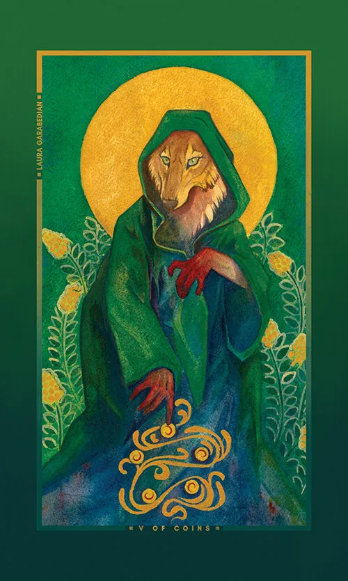 Five of Coins card from the Chromatic Fates Tarot deck