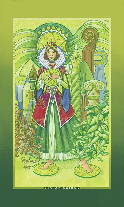 Four of Coins card from the Chromatic Fates Tarot deck