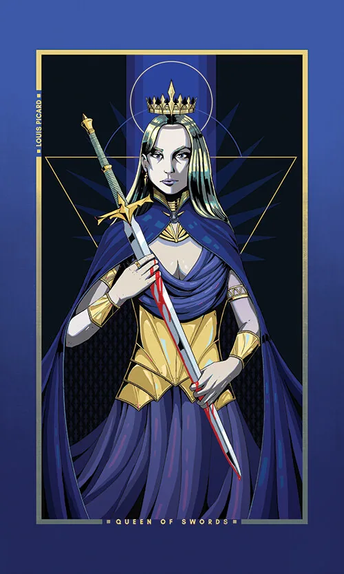 Queen of Swords card from the Chromatic Fates Tarot deck