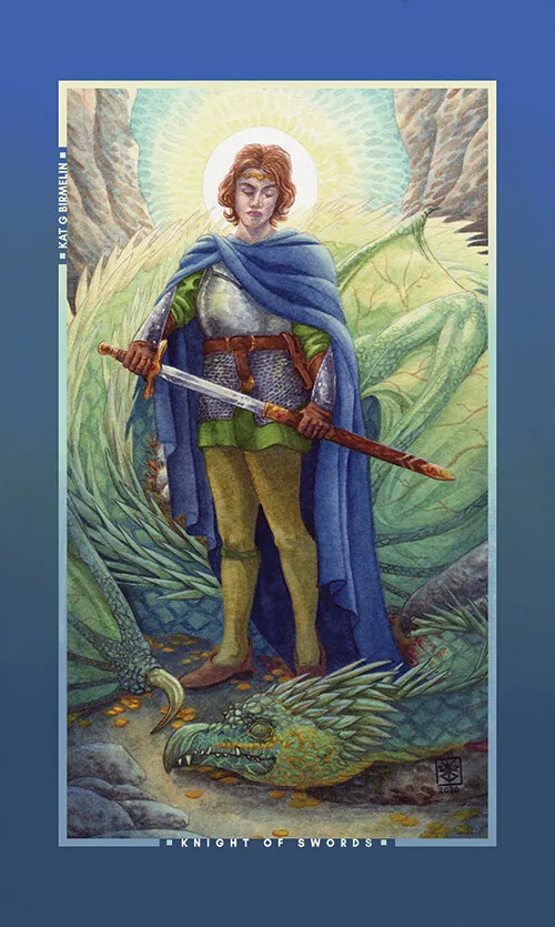 Knight of Swords card from the Chromatic Fates Tarot deck